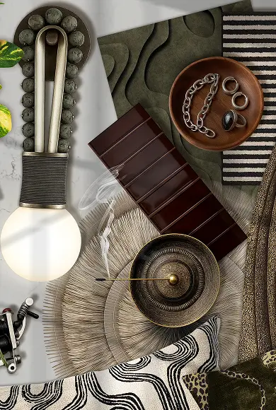 Flat lay with earthy textures, incense, jewelry, fabric swatches, and modern lighting design elements.