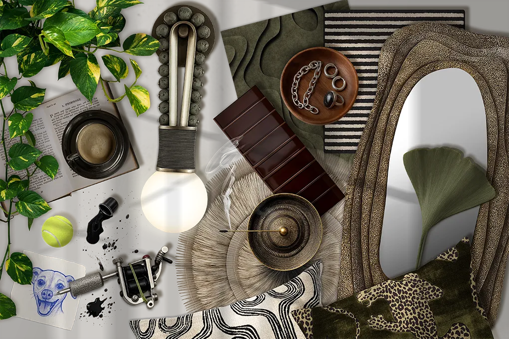 Courtney’s Grace Blu moodboard with earthy textures, tribal patterns, greenery, espresso, and layered textiles in rich tones.