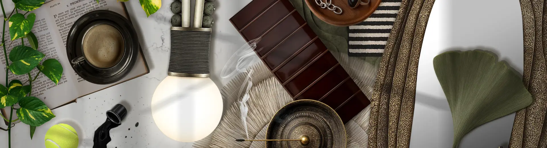 Flat lay with earthy textures, incense, jewelry, fabric swatches, and modern lighting design elements.