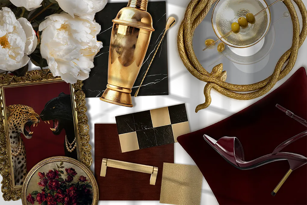 Millie’s Grace Blu moodboard with burgundy, gold, black marble, luxe fabrics, and bold patterns for an elegant, opulent vibe.