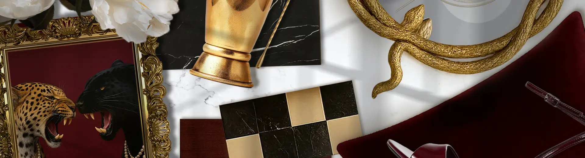 Flat lay with gold cocktail shaker, metallic accents, fabric swatches, and bold black-and-gold design elements.