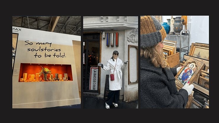 Collage of Grace Blu team in Paris with wall art, and team members posing outside Parisian boutiques and storefronts.