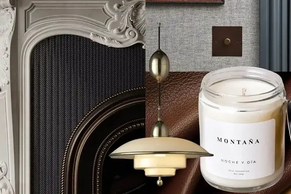 Design moodboard with brown leather texture, Tom Ford candle, vintage map, and dark blue wood molding on gray background.