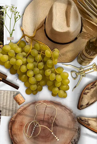 Cynthia’s Grace Blu moodboard with cowboy boots, vineyard scenes, lemons, and earthy textures for a rustic, refined vibe.