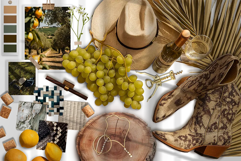Cynthia’s Grace Blu moodboard with cowboy boots, vineyard scenes, lemons, and earthy textures for a rustic, refined vibe.