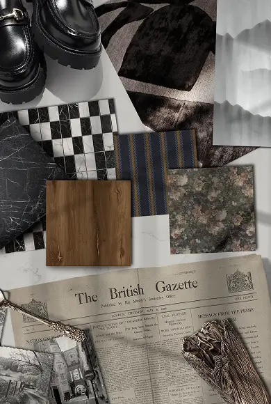 Flat lay with vintage newspaper, fabric swatches, black shoes, and mixed textures in dark, neutral tones.