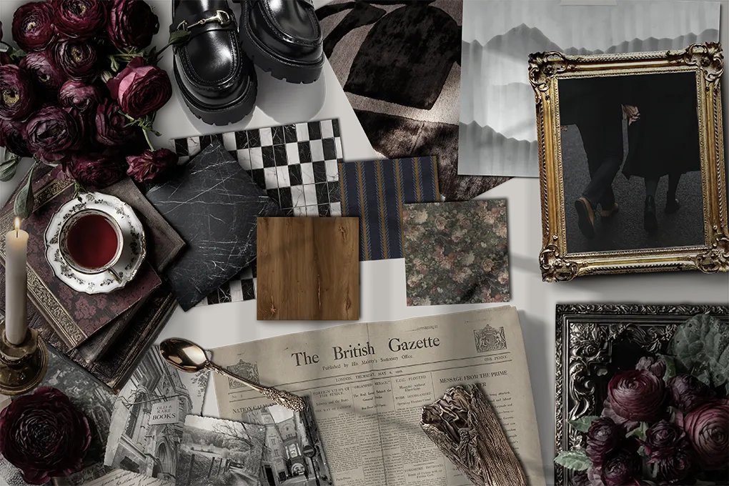 Jada’s Grace Blu moodboard with burgundy florals, vintage books, candlelight, and textures for a moody, classic aesthetic.