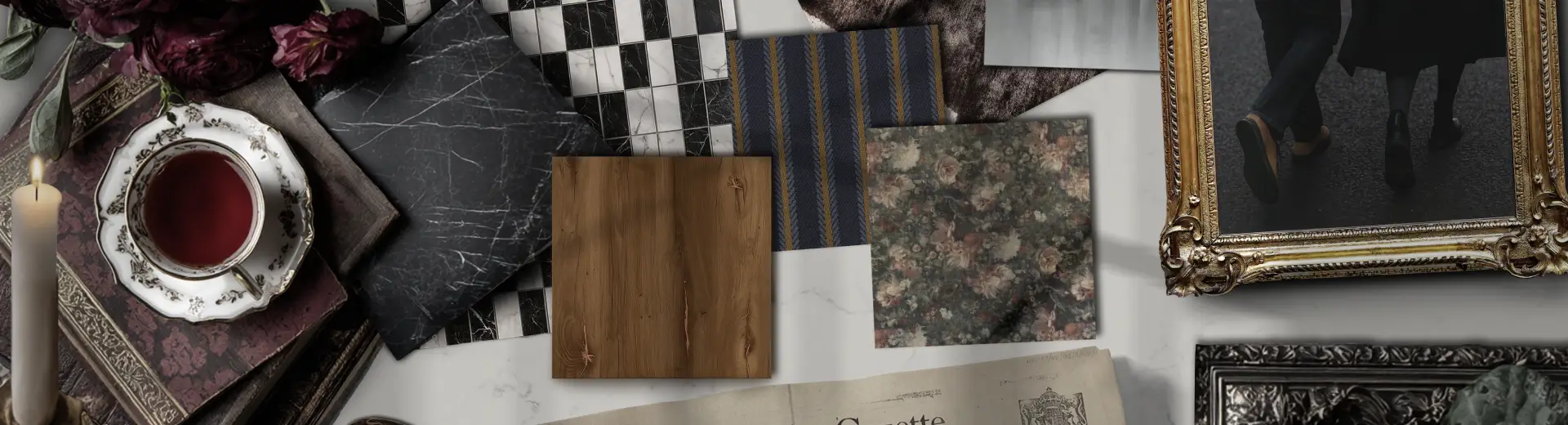 Flat lay with vintage newspaper, fabric swatches, black shoes, and mixed textures in dark, neutral tones.