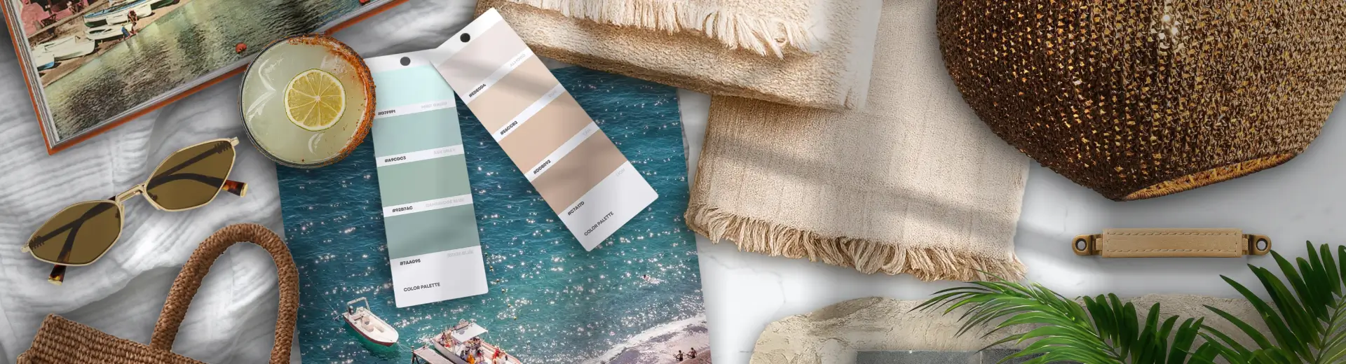 Flat lay of beach-inspired design elements with fabric swatches, paint samples, and a coastal photo.
