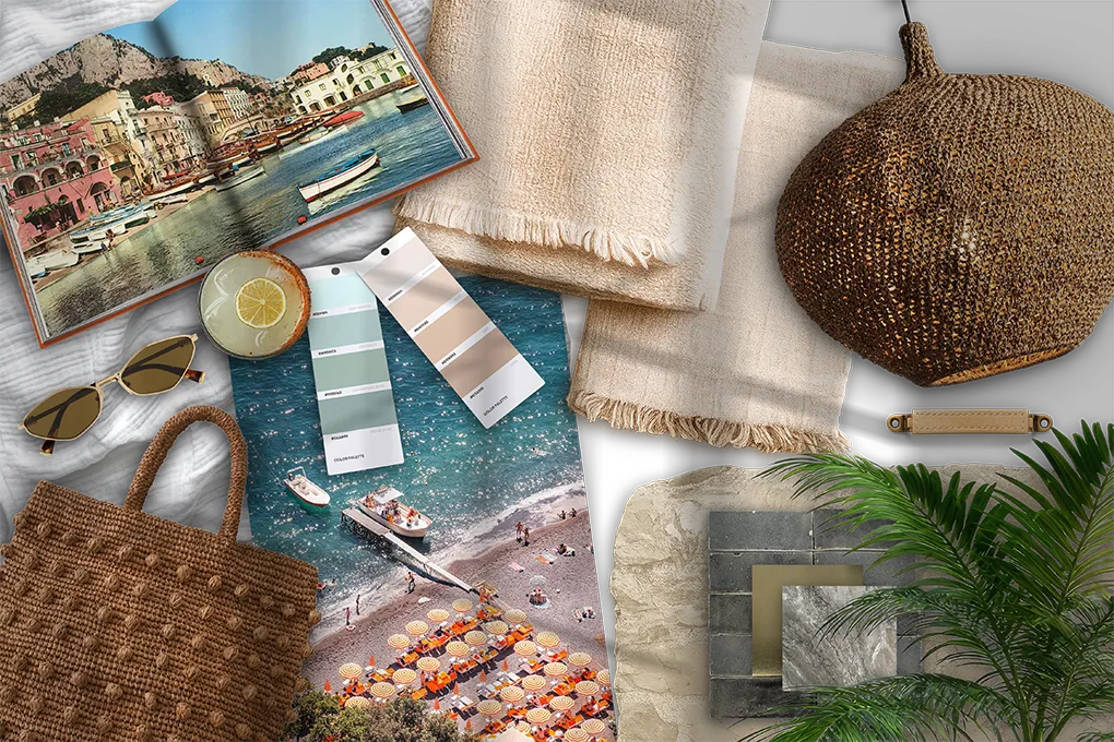 Juliet’s Grace Blu moodboard with coastal textures, beach scenes, seafoam tones, rattan, and tropical greenery