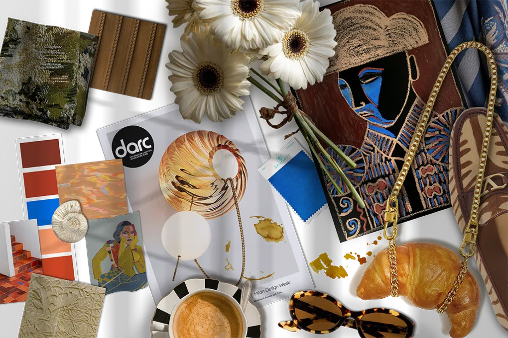 Katie’s Grace Blu moodboard with terracotta tones, florals, art, and luxe lifestyle details for a refined, global look