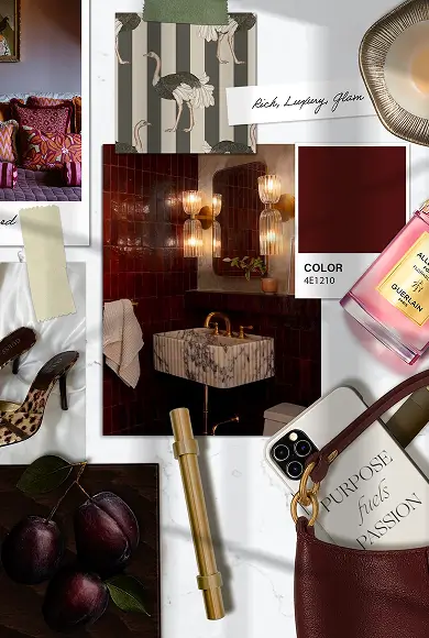 Flat lay featuring rich red design palette with fabric swatches, marble sink photo, perfume, shoes, and deep plum accents.