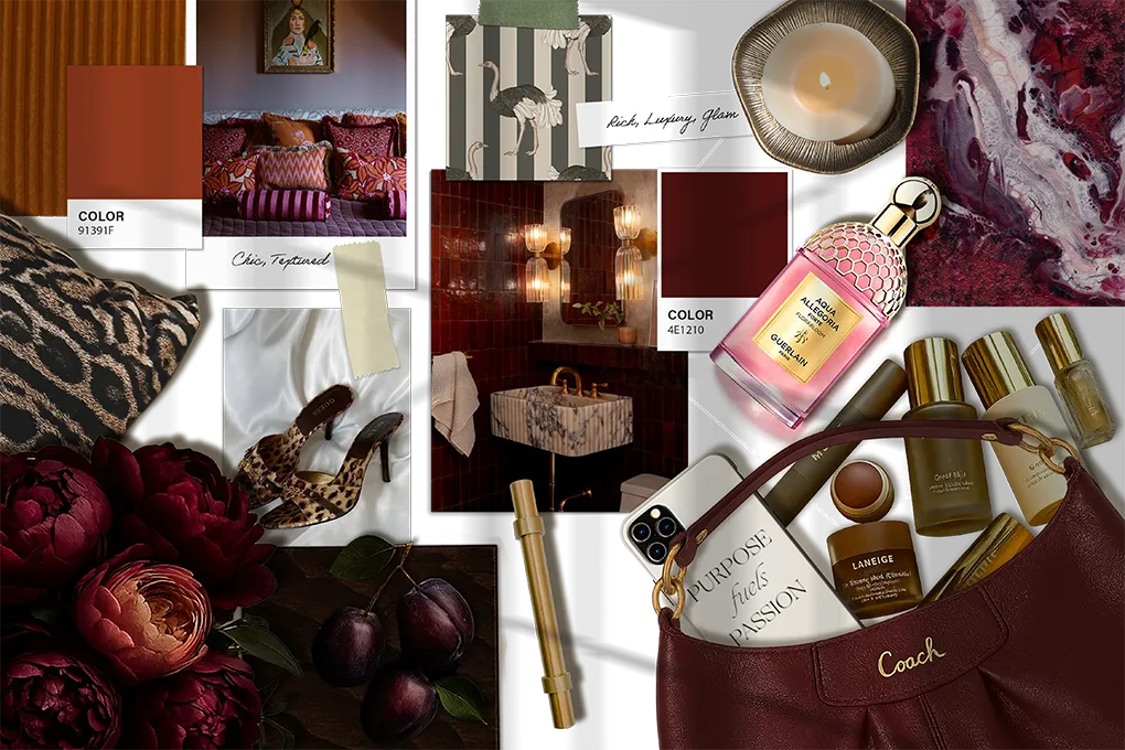 Kayla’s Grace Blu moodboard with burgundy tones, animal prints, moody florals, gold accents, and luxe lifestyle touches.