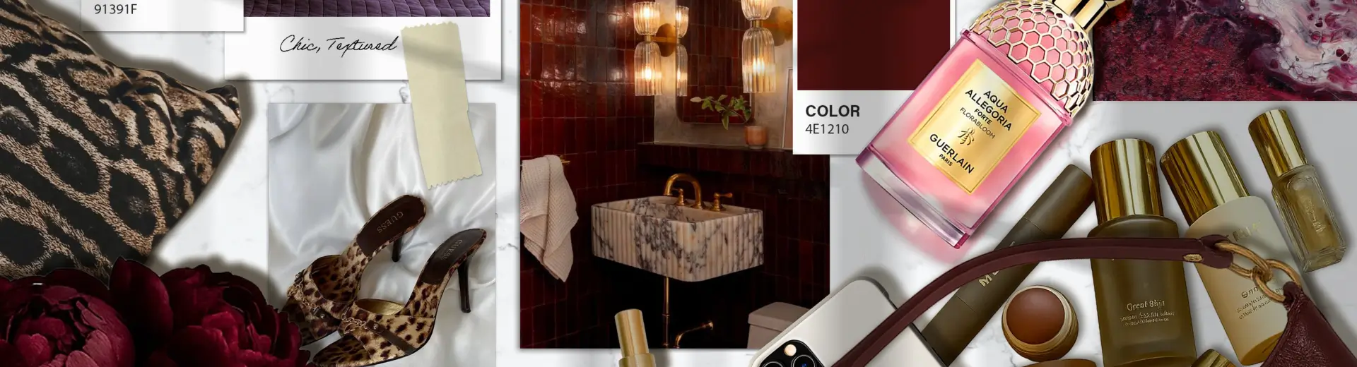Flat lay featuring rich red design palette with fabric swatches, marble sink photo, perfume, shoes, and deep plum accents.