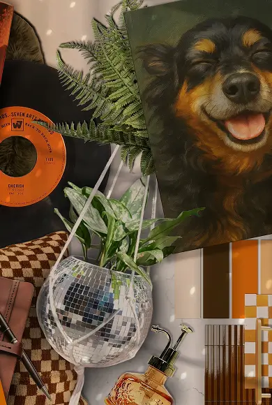 Flat lay with a dog painting, disco ball planter, vinyl record, earthy swatches, and warm-toned décor accents.