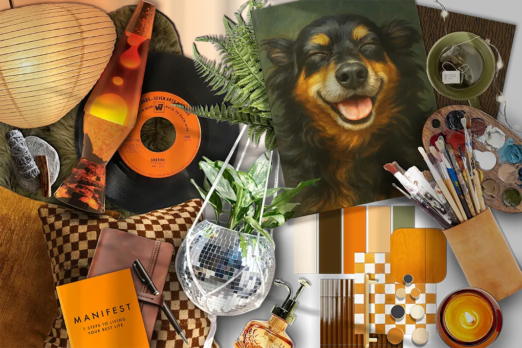 Kylee’s Grace Blu moodboard with lava lamp, vinyl, disco ball, dog art, checkerboard, and cozy retro-inspired elements.