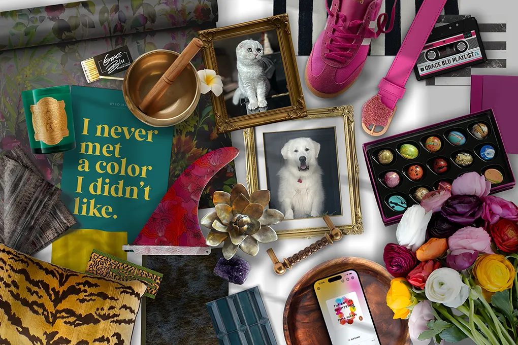Rona’s Grace Blu moodboard with bold colors, florals, fabrics, chocolates, dog art, and playful design accents