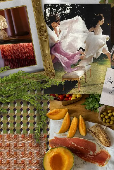 Flat lay with fabric swatches, fresh herbs, fruit, prosciutto, and vintage-inspired photos in ornate frames.