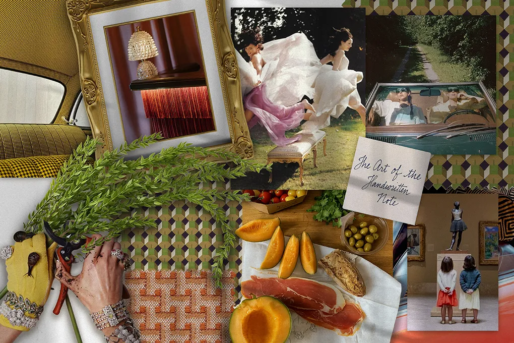 Sallie’s Grace Blu moodboard with vintage cars, fashion photos, produce, and garden elements for a whimsical, nostalgic feel.