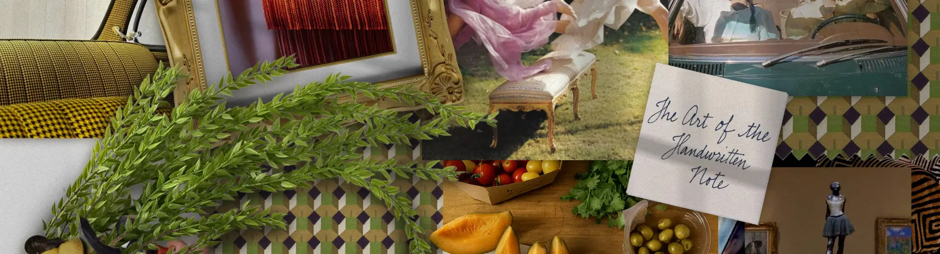 Flat lay with fabric swatches, fresh herbs, fruit, prosciutto, and vintage-inspired photos in ornate frames.