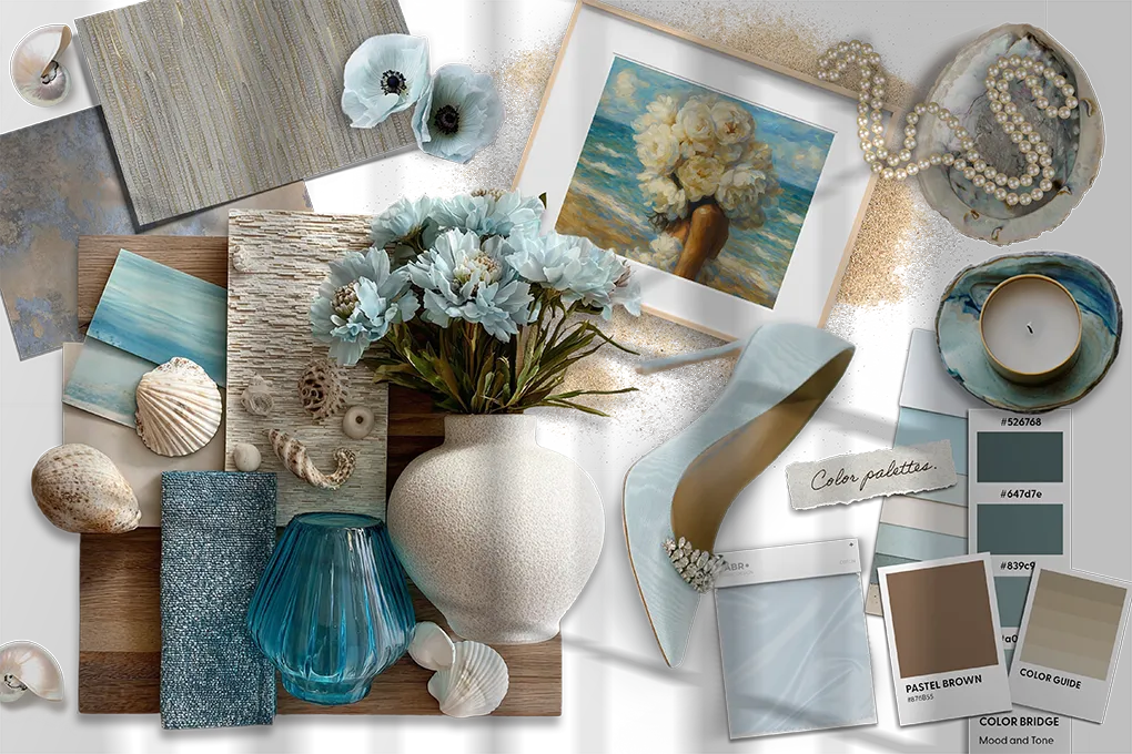 Taylor’s Grace Blu moodboard with soft florals, seashells, ocean art, pearls, and powder blue accents for a dreamy coastal vibe.