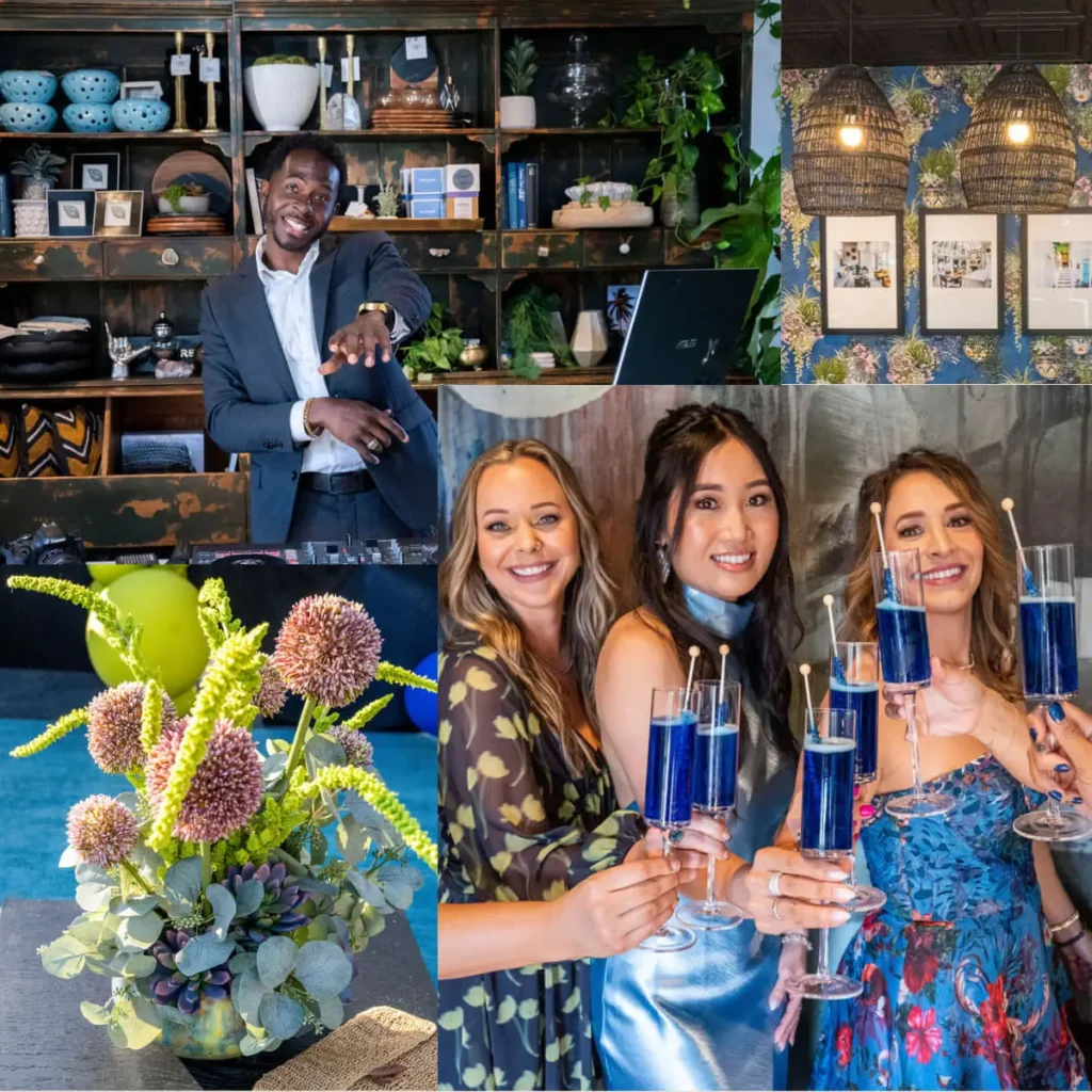 Three women raising blue cocktails with bartender smiling in background amid flowers and bar shelves at a Grace Blu event.