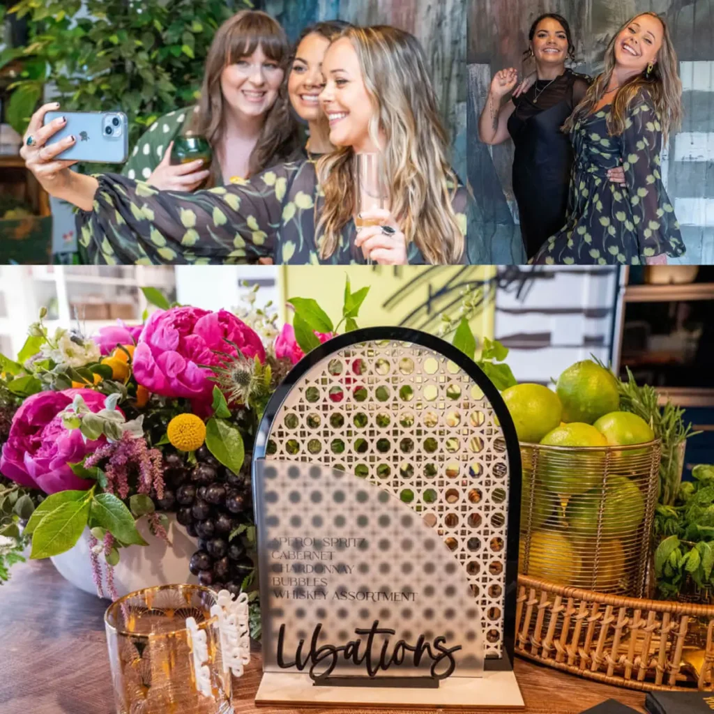 Collage of Grace Blu event showing women laughing and toasting and a vibrant libations table with peonies, citrus fruits and a woven drink menu.