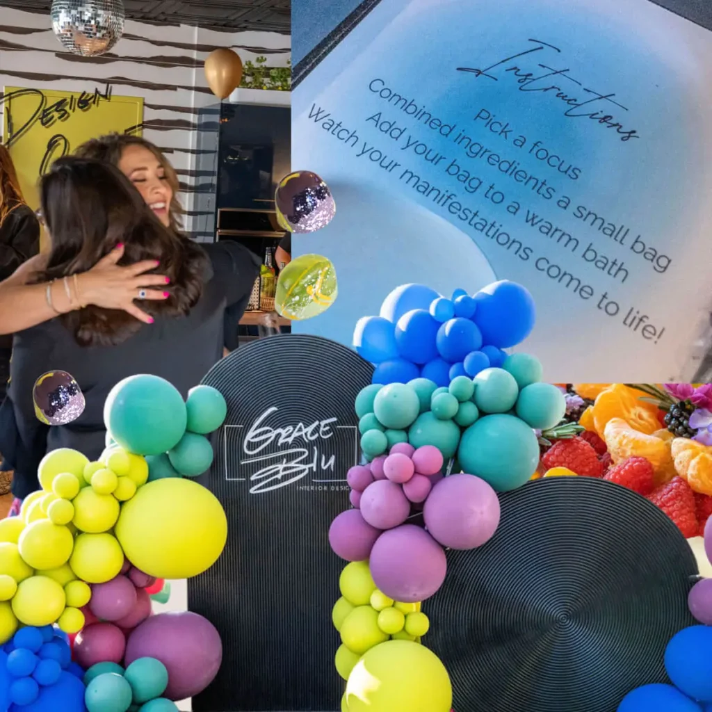 Collage of Grace Blu event featuring two women hugging behind a colorful balloon display and an inspirational intentions sign about bath ritual.