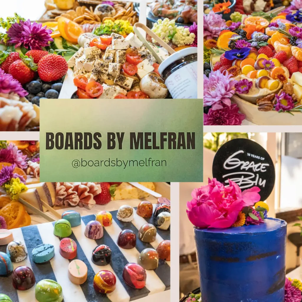 Collage of charcuterie display with cheese, fruit and meats, Boards by Melfran sign, colorful chocolates and blue cake with pink flowers at Grace Blu event.