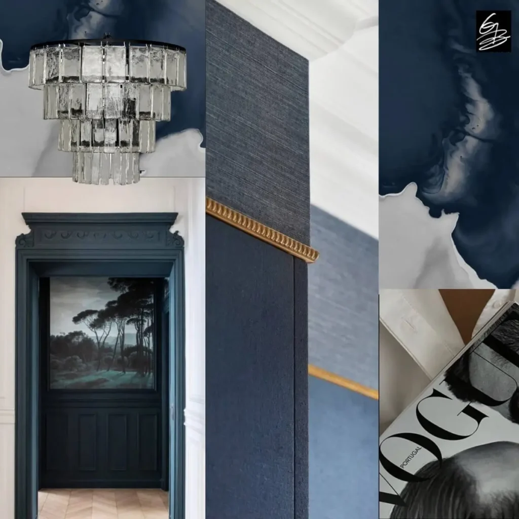 Moody blue mood board with crystal chandelier, dark door with landscape art, textured navy panel and abstract marble pattern for Grace Blu design inspiration.