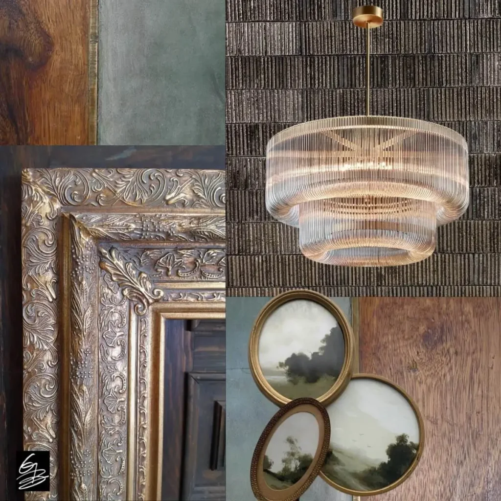 Eclectic mood board with ornate gold picture frame, glass chandelier, antique round artwork and rustic wood textures inspired by Grace Blu design.
