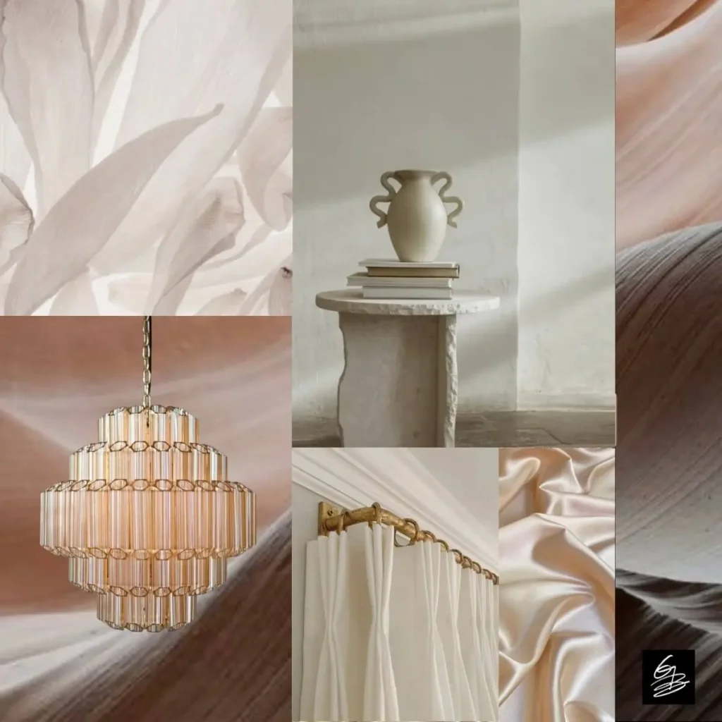 Soft blush and neutral mood board with marble pedestal vase, pink glass chandelier, pleated curtains and layered silk textures for Grace Blu design.