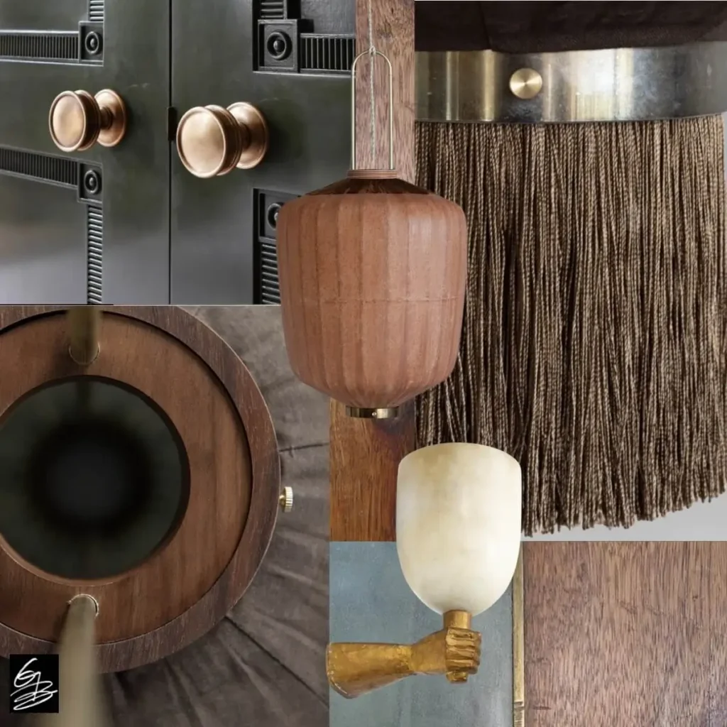 Modern interior mood board with wood, brass, fringe, and sculptural lighting in earthy, artisanal textures and warm neutral tones.