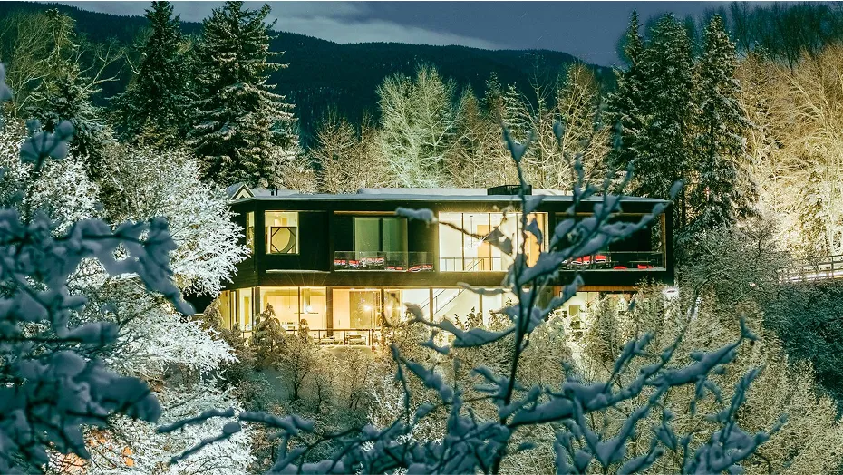 Winter scene of a modern house in Aspen, partially hidden among snow-covered trees, viewed from a secluded vantage point