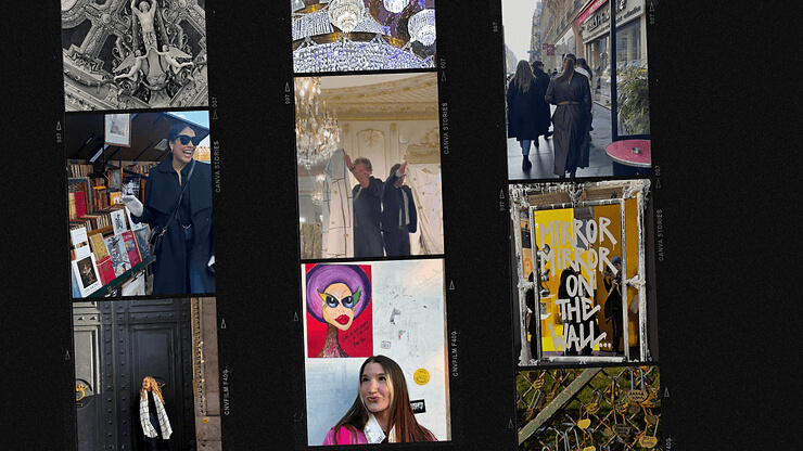 Collage of Paris trip showing ornate architecture, street scenes, colorful art and portraits from Grace Blu adventure.