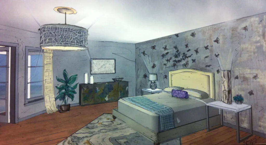 Watercolor rendering of a bedroom with green upholstered headboard, abstract pendant light, and botanical mural designed by Grace Blu Interior Design.