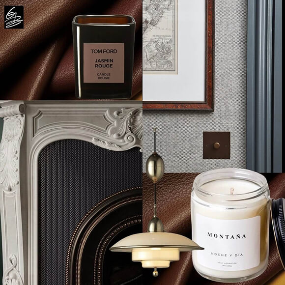 Design moodboard with brown leather texture, Tom Ford candle, vintage map, and dark blue wood molding on gray background.