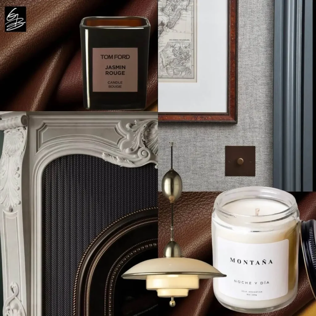 Grace Blu design mood board with leather, vintage map, gray textures, and navy blue wood molding for interior inspiration.