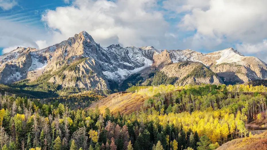 Snow covered mountains and tall trees in Aspen Colorado