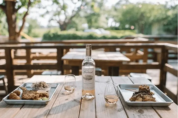 Outdoor wooden table set with wine bottle, glasses and charcuterie trays under trees, capturing Grace Blu lifestyle inspiration.