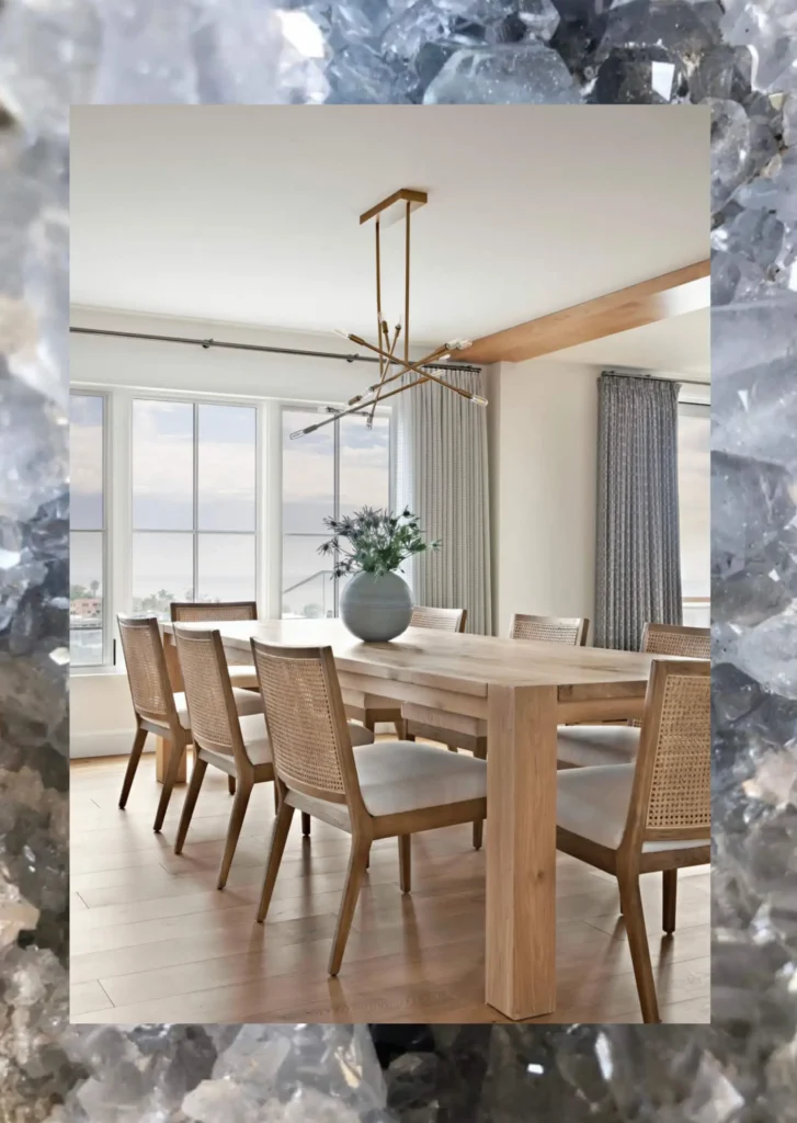 Grace Blu's project with dining room with crystal color accents, light wood furniture