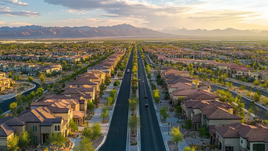 Aerial view of neighborhood in Las Vegas during a sunset with mountains in the background