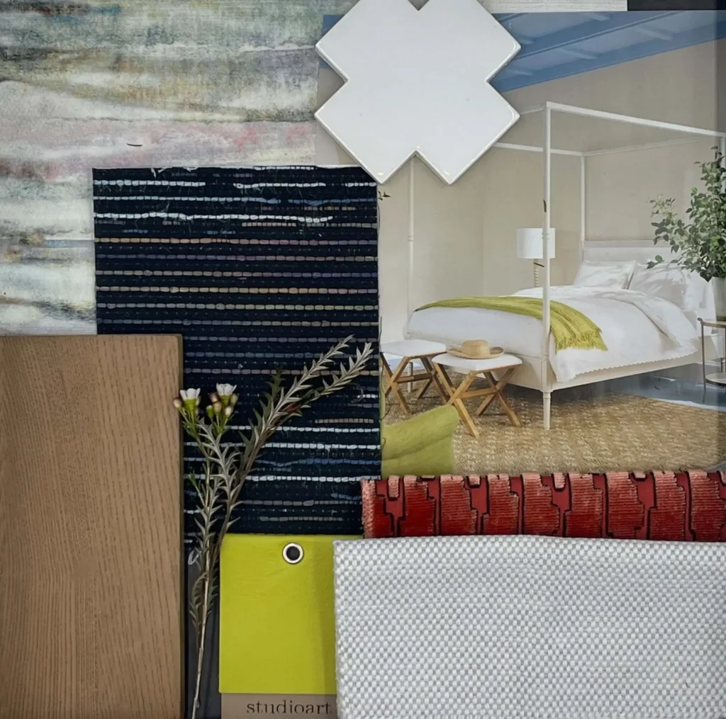 Grace Blu's top picks mood board featuring paint swatches, blueprints, and material pairings in warm and cool neutral tones.