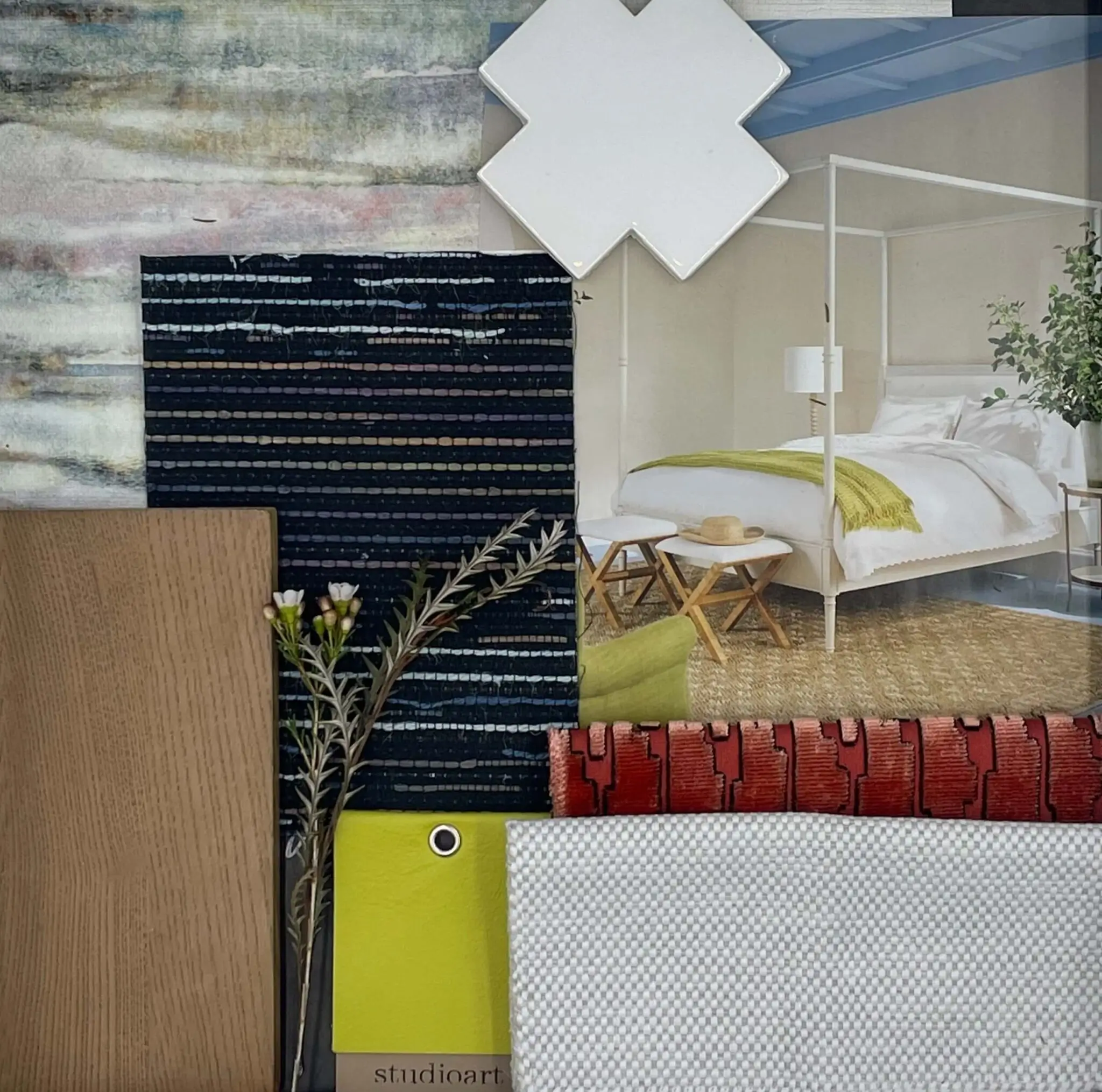 Grace Blu's top picks mood board featuring paint swatches, blueprints, and material pairings in warm and cool neutral tones.