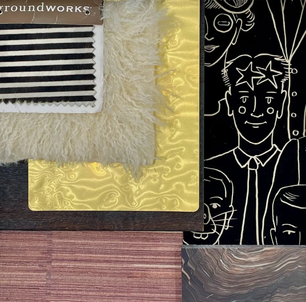 Concept board from Grace Blu's top picks with yellow, fur, sketched portrait, and bold contrast samples.