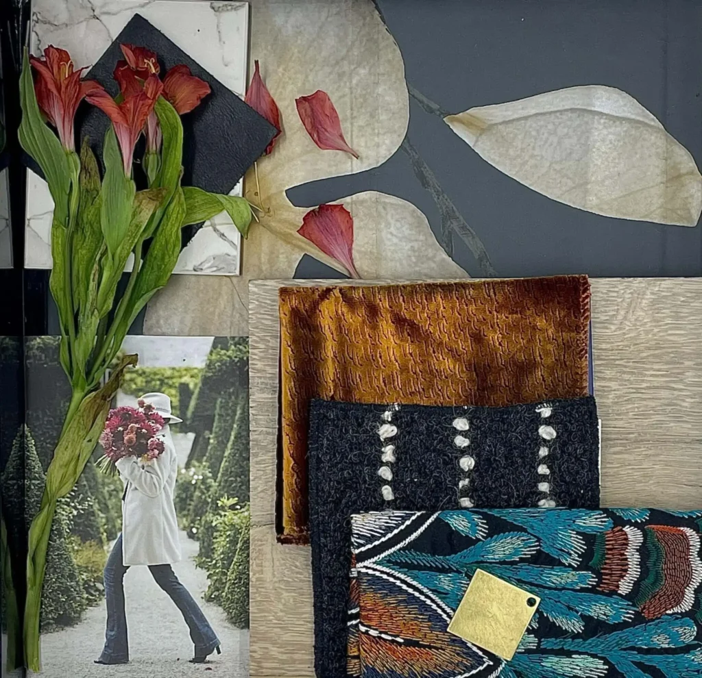 Mood board from Grace Blu's top picks featuring floral elements, warm textiles, and a rich palette of forest green, leather, and gold.