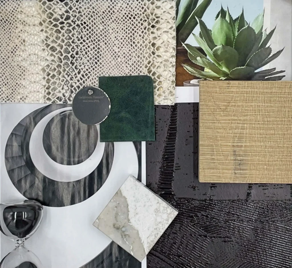 Material flat lay from Grace Blu's top picks with white stone samples, green leaf accent, and animal print textures, emphasis on black, white and sage green.