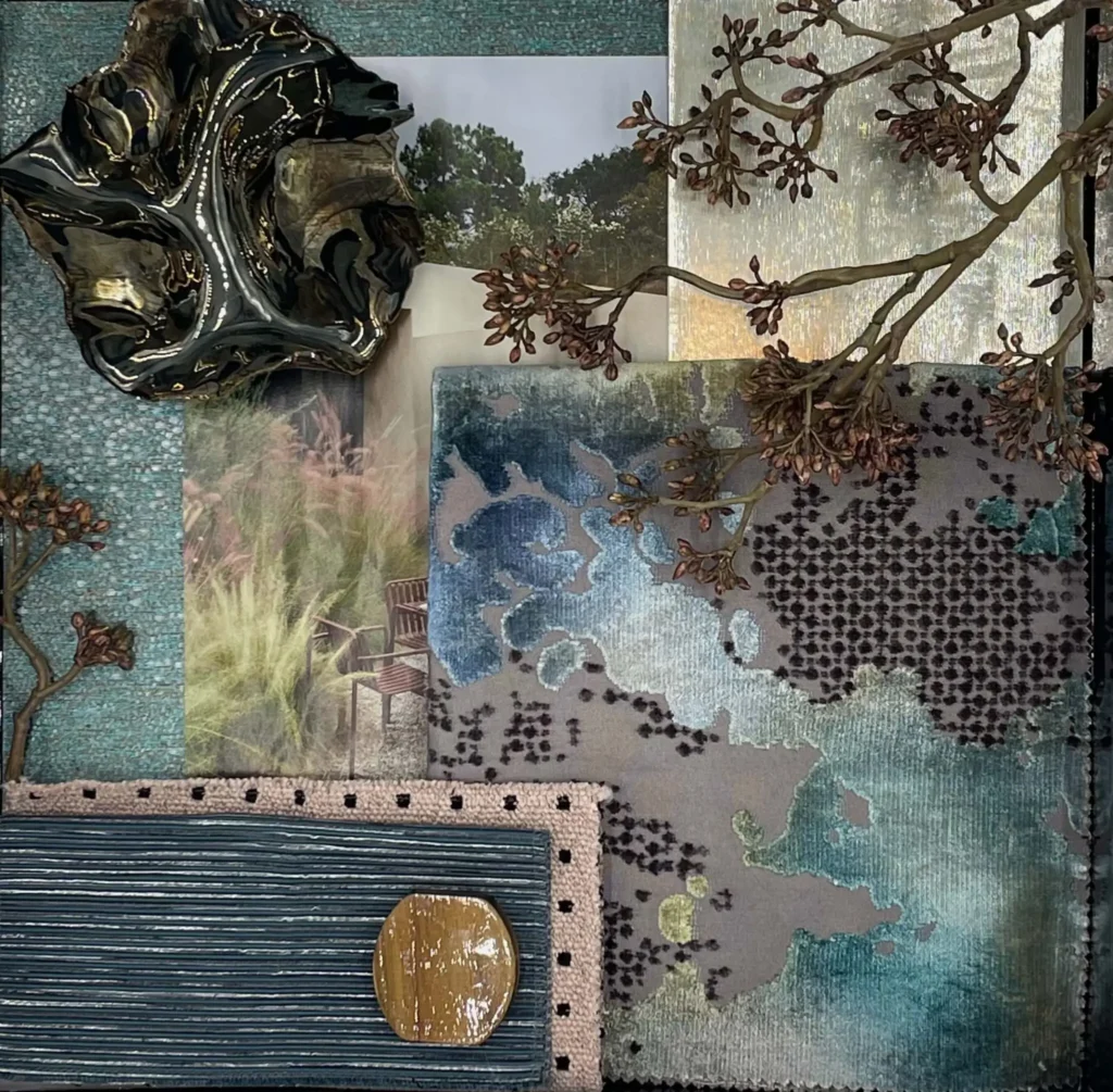 Grace Blu's top picks mood board with cool-toned materials, rustic textures, and metallic finishes for layered design inspiration.
