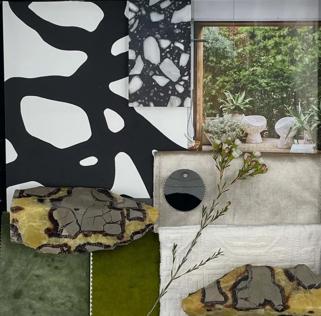 Textiles and color swatches from Grace Blu’s top picks with a concept board with abstract black-and-white inspiration, florals and rock design.