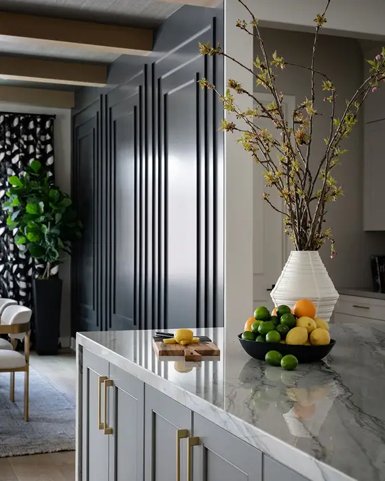 Kitchen view from Grace Blu’s Trailmaster Project featuring white countertops, vertical panel detailing, and tall branches in a white vase.
